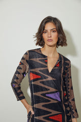 VESTIDO CUELLO LAGRIMA Y MANGA LARGA IKAT TERCIOPELO kaki