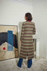 ABRIGO LARGO CON 1 BOTON Y SOLAPA SMOKING TERCIOPELO RAYAS VERDE Y BURDEOS