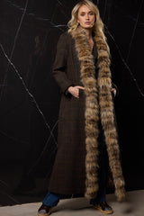 ABRIGO LARGO LANA CON CUELLO PELO ZORRO VERDE CAZA A CUADROS