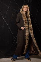 ABRIGO LARGO LANA CON CUELLO PELO ZORRO VERDE CAZA A CUADROS