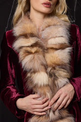 ABRIGO LARGO DE TERCIOPELPO DE SEDA CON CUELLO PELO ZORRO GRANATE