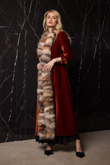 ABRIGO LARGO DE TERCIOPELPO DE SEDA CON CUELLO PELO ZORRO TEJA