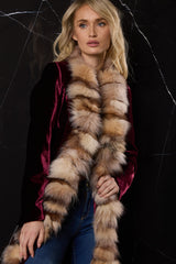 ABRIGO LARGO DE TERCIOPELPO DE SEDA CON CUELLO PELO ZORRO GRANATE