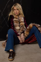 ABRIGO LARGO DE TERCIOPELPO DE SEDA CON CUELLO PELO ZORRO GRANATE