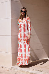 KAFTAN ESCOTE MEXI FONDO BLANCO ESTAMPADO ROJO