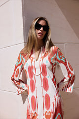 KAFTAN ESCOTE MEXI FONDO BLANCO ESTAMPADO ROJO