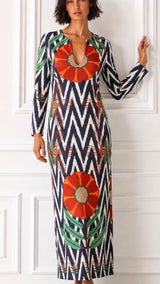 KAFTAN ESCOTE LAGRIMA IKAT ZIG ZAG AZULCON FLOR