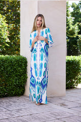 KAFTAN ESCOTE MEXI FONDO BLANCO ESTAMPADO TURQUESA