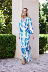 KAFTAN ESCOTE MEXI FONDO BLANCO ESTAMPADO TURQUESA