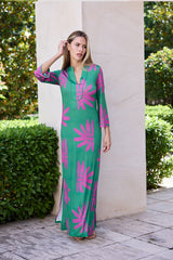 KAFTAN ESCOTE MEXI FONDO VERDE DIBUJOS MAGENTA