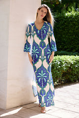 KAFTAN ESCOTE MEXI MEDALLÓN PALMERA AZUL