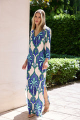 KAFTAN ESCOTE MEXI MEDALLÓN PALMERA AZUL