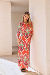 KAFTAN ESCOTE PICO MEDALLONES VERDE SOBRE ROJO