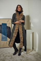 ABRIGO LARGO LANA CON CUELLO PELO ZORRO VERDE OSCURO VERDE gris