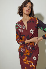 VESTIDO CUELLO LAGRIMA Y MANGA LARGA GRANATE