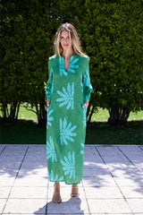 VESTIDO HILO RECTO Y CUELLO PICO VERDE Y TURQUESA