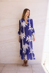 VESTIDO HILO VOLANTE ABAJO Y EN MANGA PALMERAS AÑIL