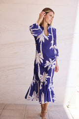 VESTIDO HILO VOLANTE ABAJO Y EN MANGA PALMERAS AÑIL