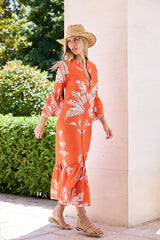 VESTIDO HILO VOLANTE ABAJO Y EN MANGA PALMERAS NARANJA