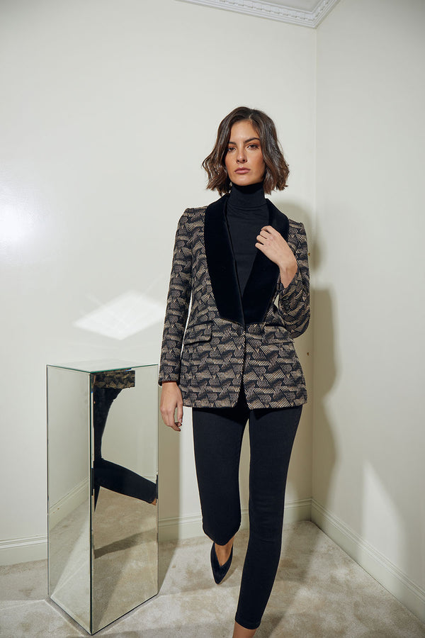 BLAZER SASTRE CUELLO SMOKING TERCIOPELO BORDADA MARRON Y CRUDA