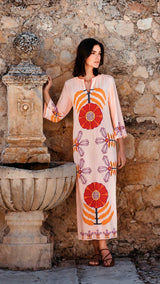 KAFTAN ESCOTE LAGRIMA IKAT PICO BEIG FLOR