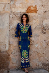 KAFTAN ESCOTE LAGRIMA IKAT PICO AZUL FLOR