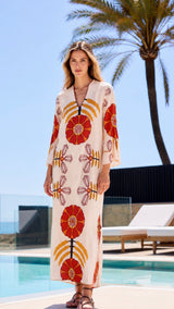 KAFTAN ESCOTE LAGRIMA IKAT PICO BEIG FLOR