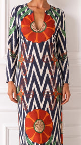KAFTAN ESCOTE LAGRIMA IKAT ZIG ZAG AZULCON FLOR