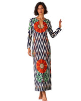 KAFTAN ESCOTE LAGRIMA IKAT ZIG ZAG AZULCON FLOR