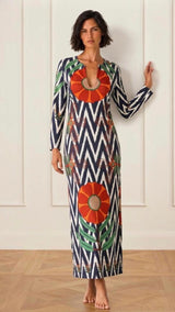 KAFTAN ESCOTE LAGRIMA IKAT ZIG ZAG AZULCON FLOR