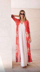 KAFTAN ABIERTO DE TUL IKAT CORAL