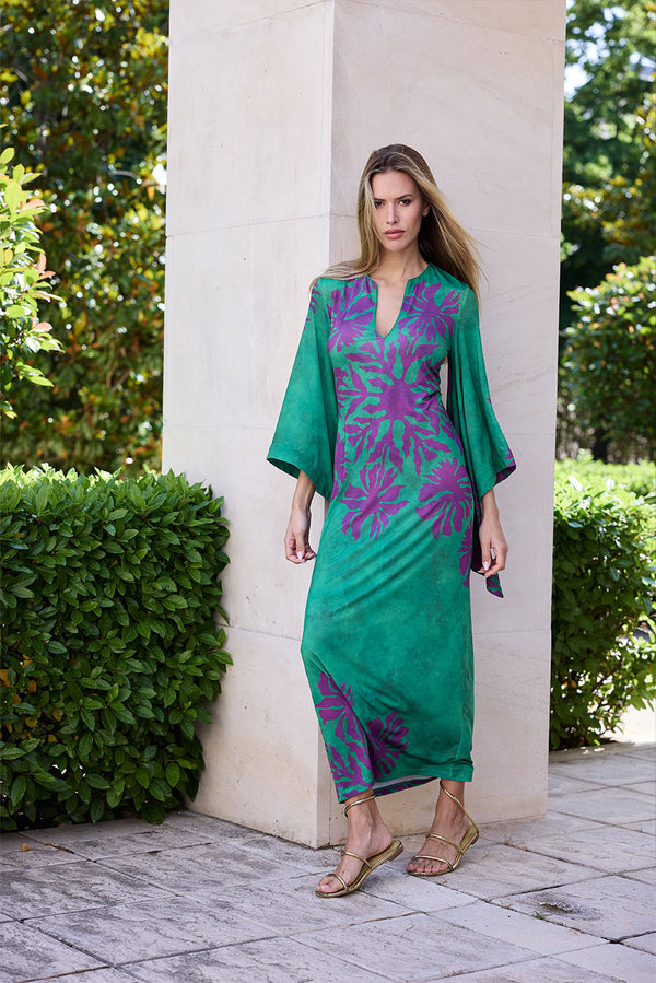 KAFTAN ESCOTE MEXI FONDO VERDE HOJA MORADA