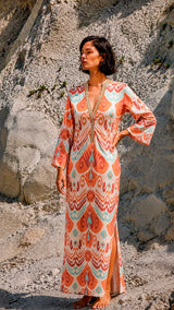 KAFTAN KENIA IKAT CORAL Y MARRON