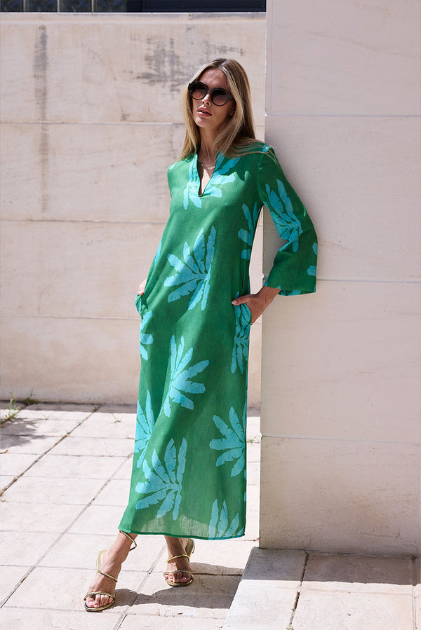 VESTIDO HILO RECTO Y CUELLO PICO VERDE Y TURQUESA