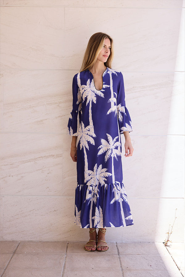 VESTIDO HILO VOLANTE ABAJO Y EN MANGA PALMERAS AÑIL