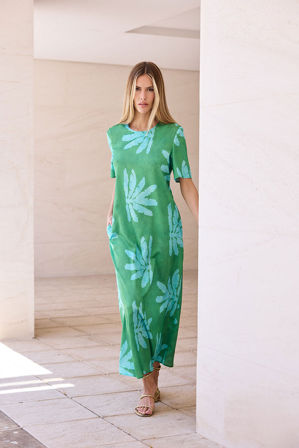 VESTIDO MANGA CORTA VERDE ESTAMPADO TURQUESA