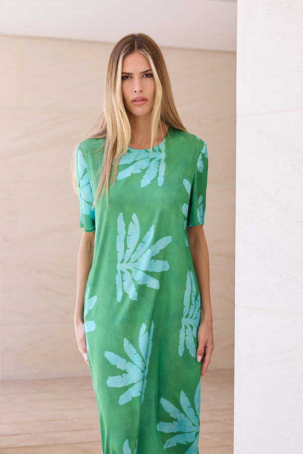 VESTIDO MANGA CORTA VERDE ESTAMPADO TURQUESA