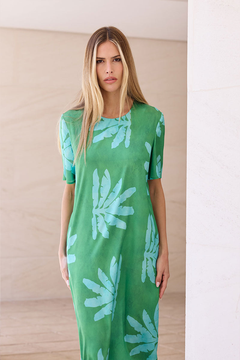 VESTIDO MANGA CORTA VERDE ESTAMPADO TURQUESA