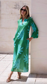 KAFTAN VESTIDO ESCOTE LAGRIMA LINO VERDE